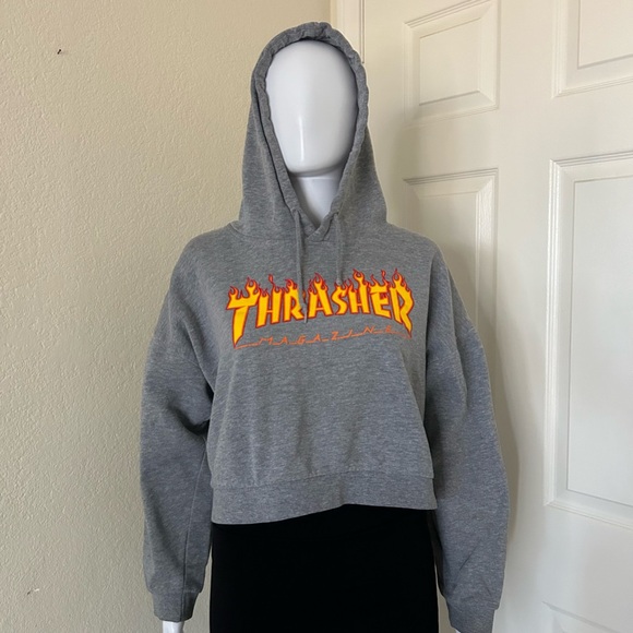 Thrasher Magazine Grey Cropped long sleeve Hoodie Size Small - Picture 1 of 6
